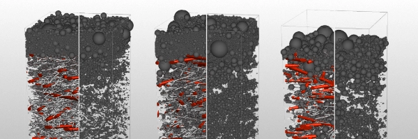 3D-Simulation von drei Filtermedien mit unterschiedlicher Faserverteilung, die die Partikelabscheidung und die Bildung eines Filterkuchens vergleicht