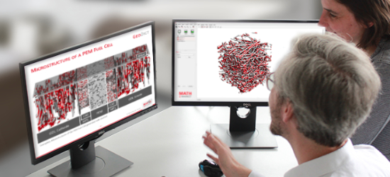 Material scientists analyzing the microstructure of a fuel cell's fiber layer on a computer using GeoDict simulation software