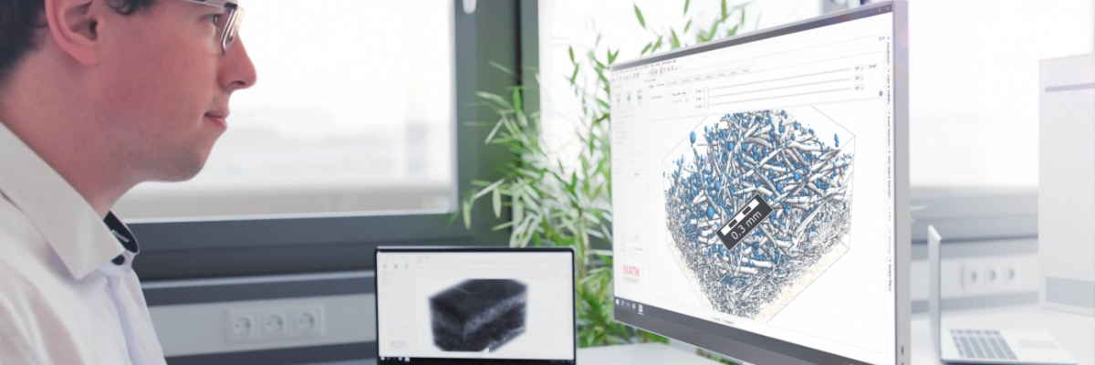 Filter simulation of a surgical face mask with GeoDict: A user analyzes the simulated particle deposition in the filter medium to determine the filtration efficiency