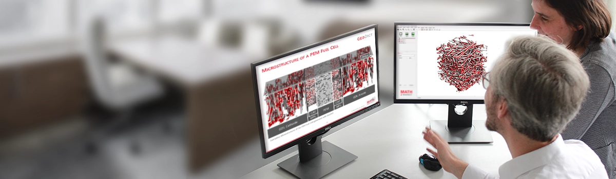 Materialwissenschaftler analysieren die Mikrostruktur einer Brennstoffzellen-Faserschicht am Computer mit der Simulationssoftware GeoDict
