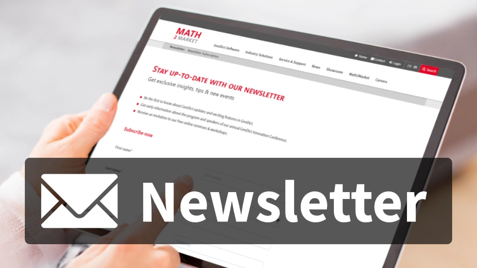 Subscribing to the GeoDict Newsletter: A tablet displaying the Math2Market website for easy registration