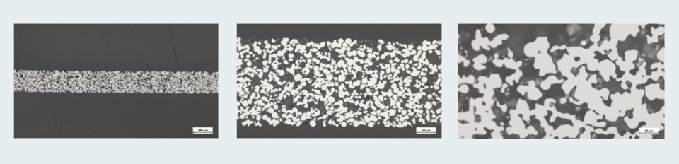 Metallographic cross section of a calibrated 316L sinter paper in different magnifications.