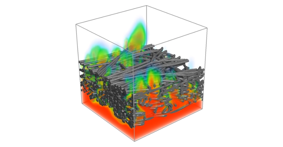 Transport of a solute concentration through a nonwoven structure, with the underlying flow field computed using the LIR solver on an adaptive grid.