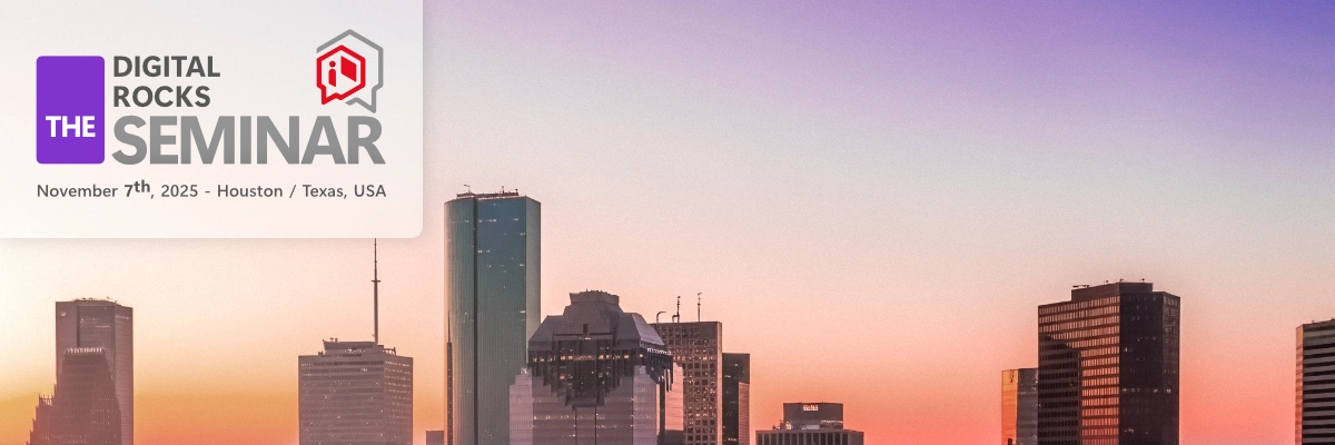 Banner for the Digital Rock seminar on Digital Rock Physics, taking place on the 7th of November in Houston, Texas. The Houston skyline is featured in the background
