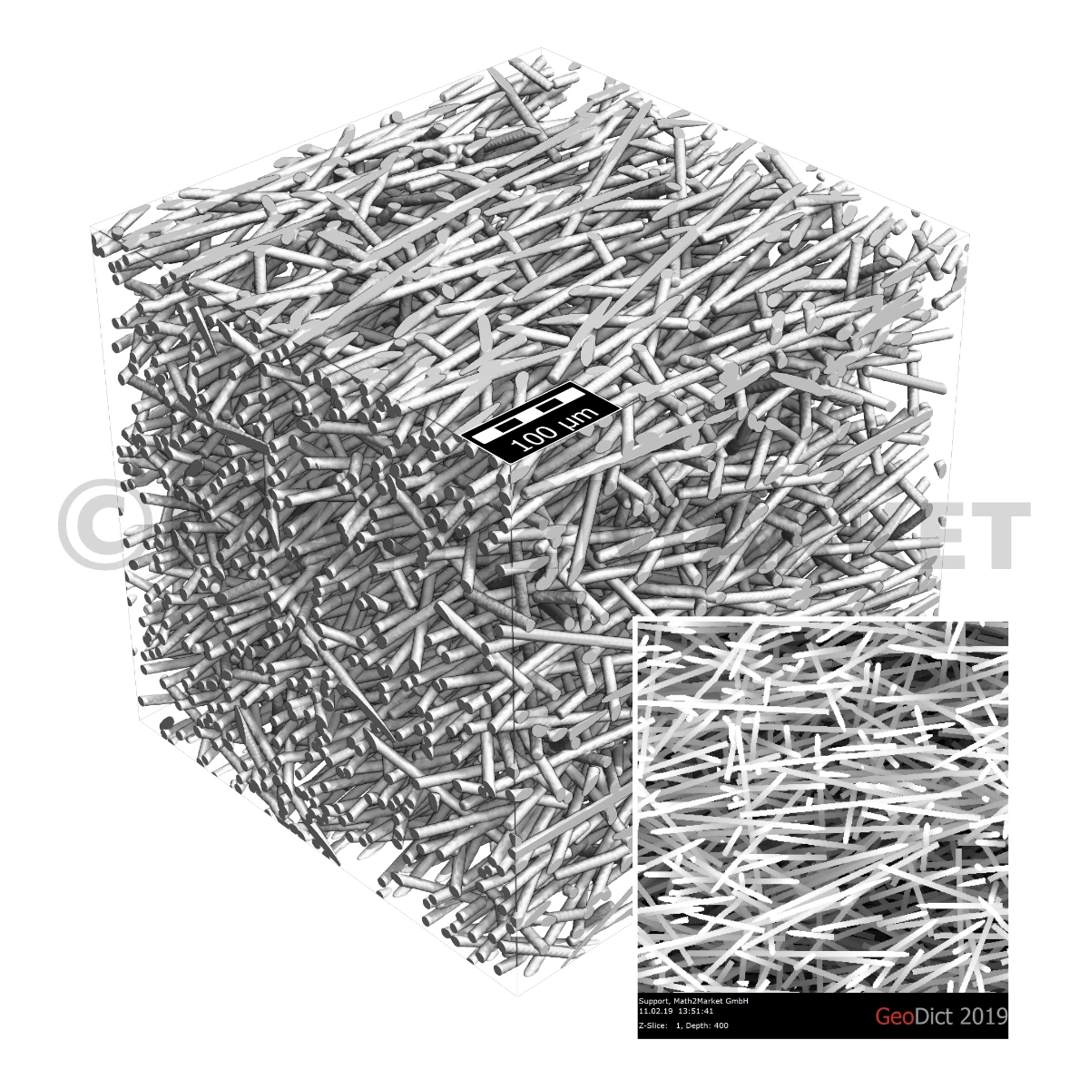 3D model of an injection-molded material, created with FiberGeo, showing short glass fibers (25% by weight) in a PA66 matrix.