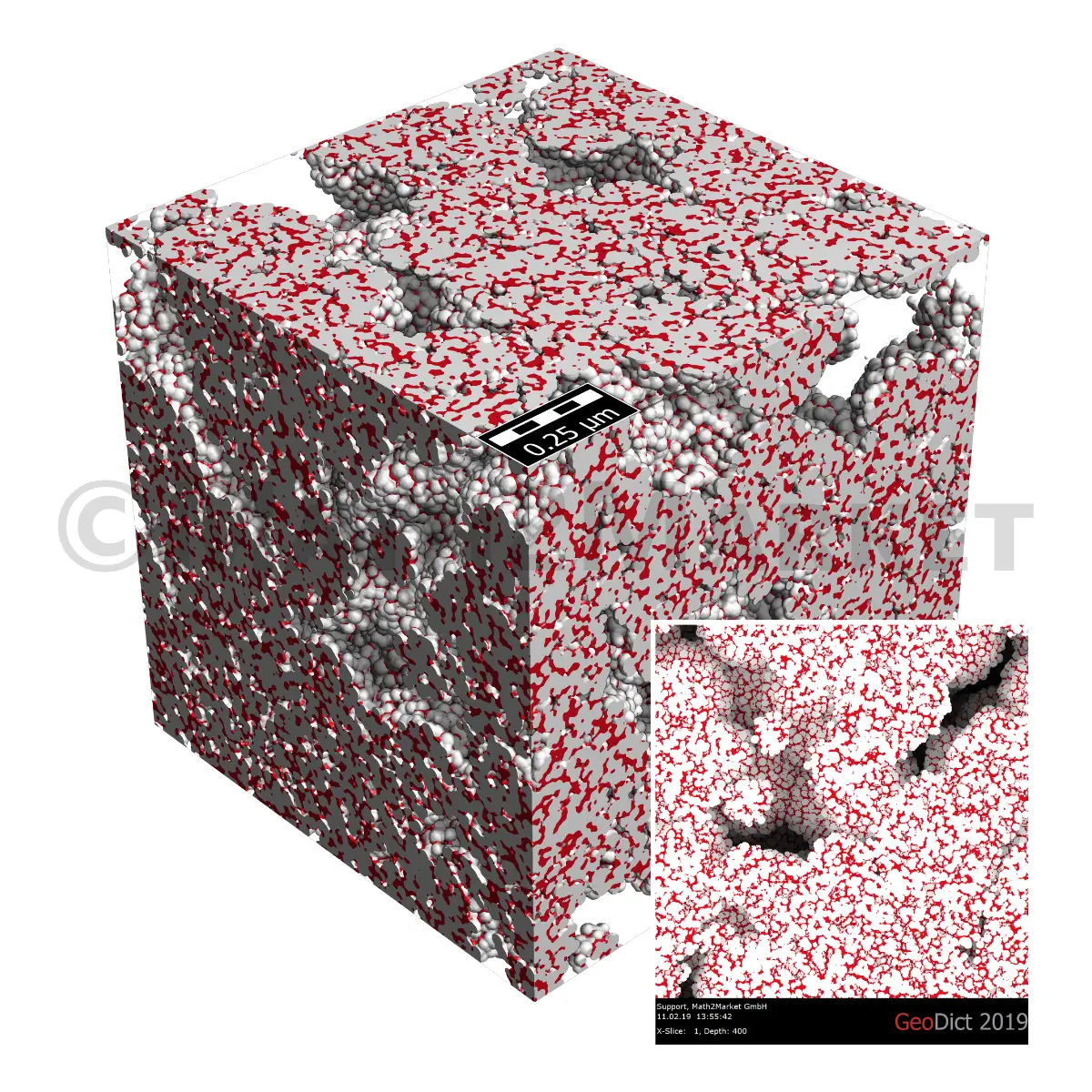 3D microstructure of a catalyst layer for a PEM fuel cell, modeled with GrainGeo, showing the porous arrangement of catalyst particles on a carbon support.