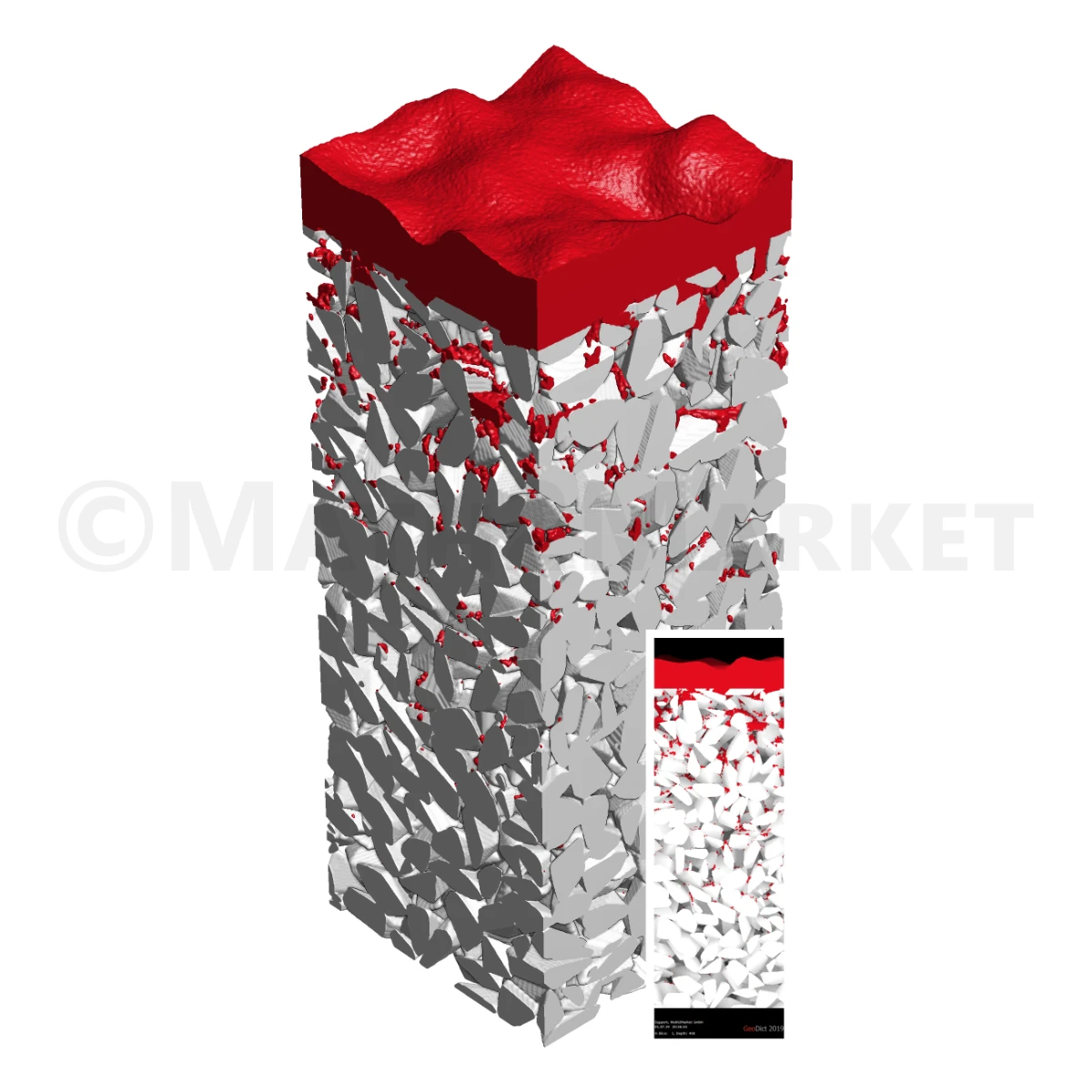 Result of a soot filtration simulation with FilterDict-Media: A red filter cake of soot forms on a gray catalyst ceramic structure created with GrainGeo.