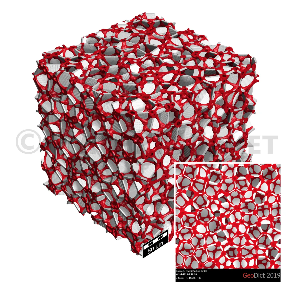 3D model of a closed-cell foam with clearly defined, separate pores, created with the FoamGeo module.