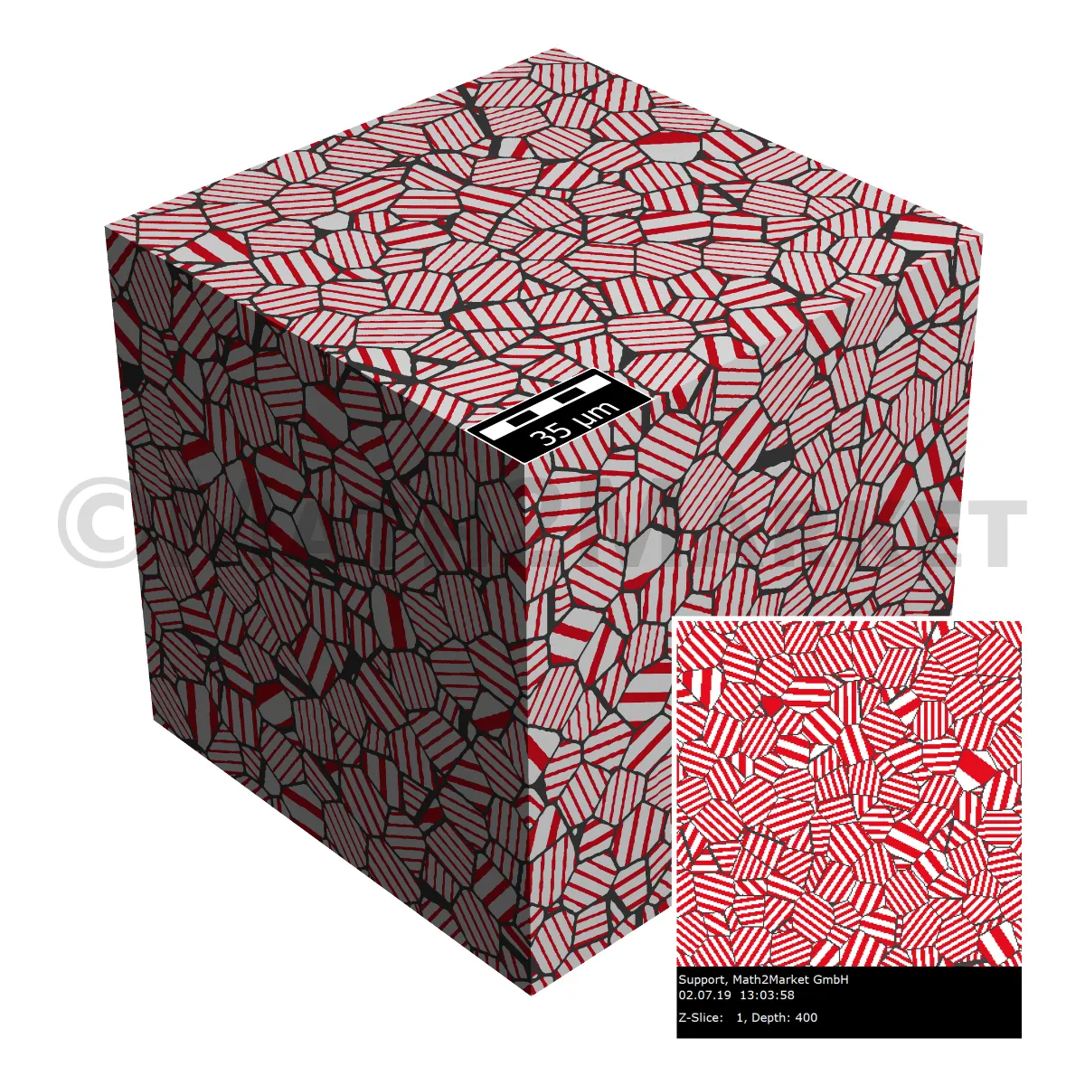 3D model of a martensitic metal structure, created with GrainGeo, showing the typical acicular or lath-like grain morphology.