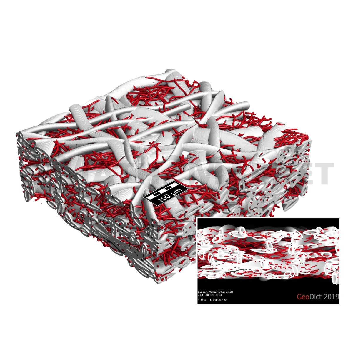 3D microstructure of paper, created with the PaperGeo module, showing a network composed of two different types of cellulose fibers.