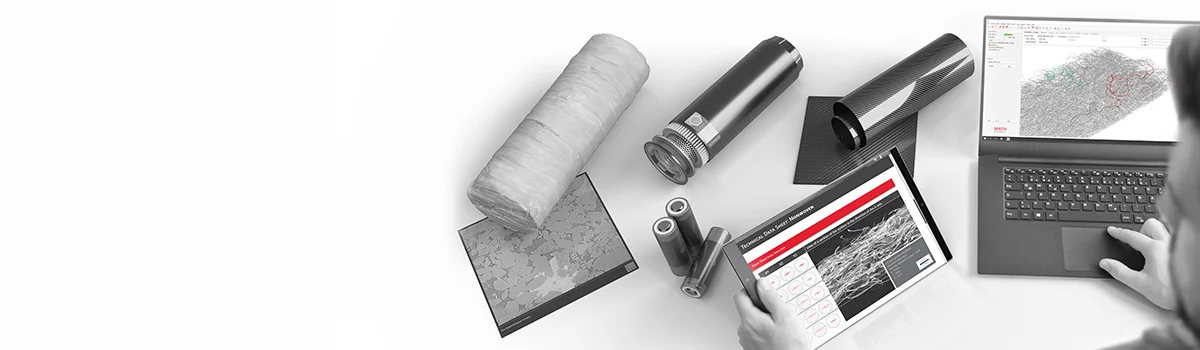 GeoDict as a customized and flexible software solution: A user analyzes simulation results, surrounded by materials from filtration, composites, and batteries, symbolizing the diverse application areas