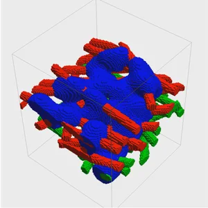 The image shows a filter medium with loaded droplets on the fiber surface. The geometry has been used to verify the pressure drop increase with time against the Volume-Of-Fluid method.