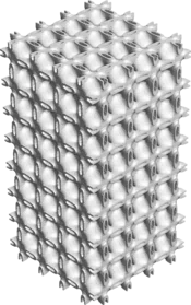 Digital 3D model of a Square Neovius lattice structure, a surface-based, triply periodic minimal surface (TPMS), created with the GeoDict module GridGeo