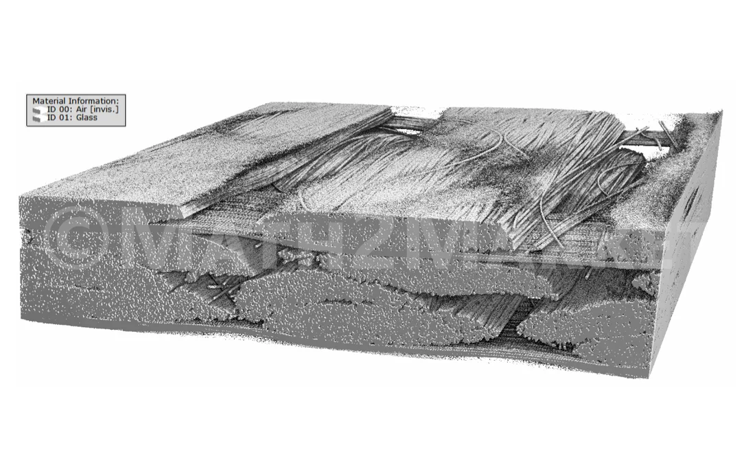 3D reconstruction of a microCT scan of a glass fiber fabric with epoxy resin, segmented and visualized in GeoDict using the ImportGeo-Vol module.