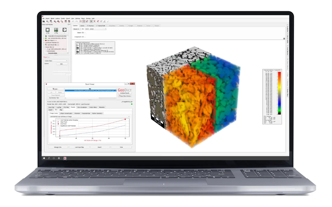 Simulation result in BatteryDict software, visualizing a battery's digital twin as a 3D structure and a diagram.