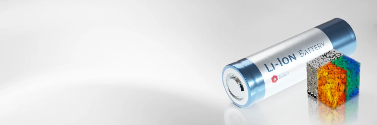 Digital development of battery materials: A Li-Ion battery shown next to a simulation of its microstructure, representing a digital prototype for analyzing electrochemical processes