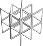 Digital 3D model of a strut-based, body-centered cubic lattice with Z-struts, created with the GeoDict module GridGeo