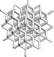 Digital 3D model of a strut-based lattice structure in the shape of a rhombic dodecahedron, created with the GeoDict module GridGeo