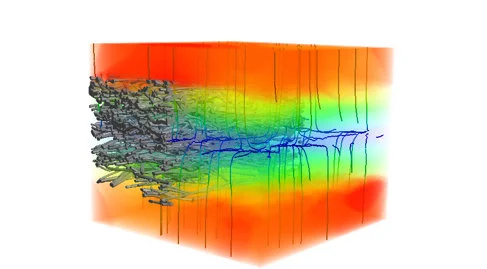 Image of an electrostatics simulation, visualizing air flow alongside a charge field