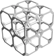 Digital 3D model of a strut-based lattice structure in the shape of a truncated cube, created with the GeoDict module GridGeo
