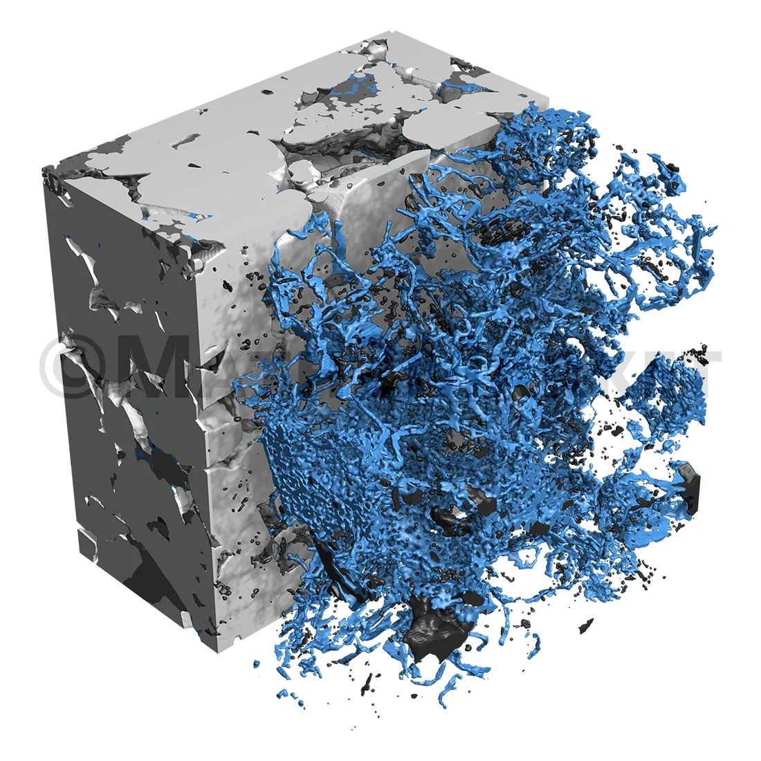 Brine imbibes a water-saturated Berea sandstone and displaces oil from the pores - simulated with SatuDict. Blue regions indicate pores saturated with brine