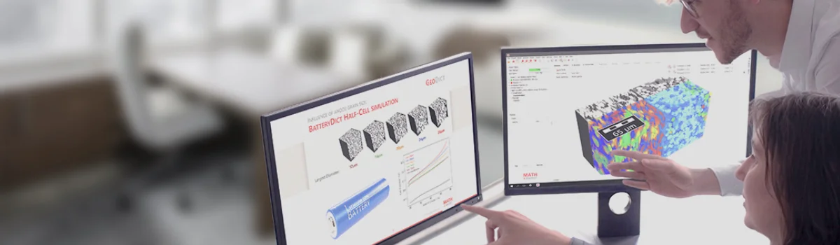 Battery experts analyzing a GeoDict charging simulation of an electrode structure on two screens: one GeoDict application and one results presentation