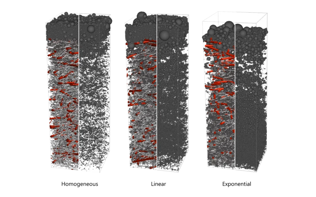3D simulation comparing particle deposition and filter cake formation on three different filter media with varying fiber distributions