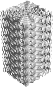 Digital 3D model of a cylindrical gyroid as a surface-based TPMS (triply periodic minimal surface) lattice structure, created with the GeoDict module GridGeo