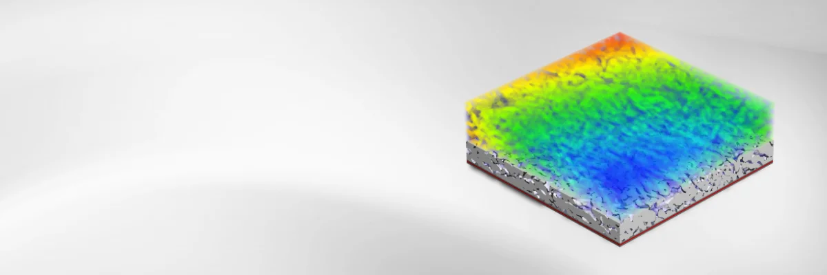 Analysis of mechanical degradation on a material surface: Color-coded visualization of stress and deformation due to Li-intercalation, shown on a microstructure