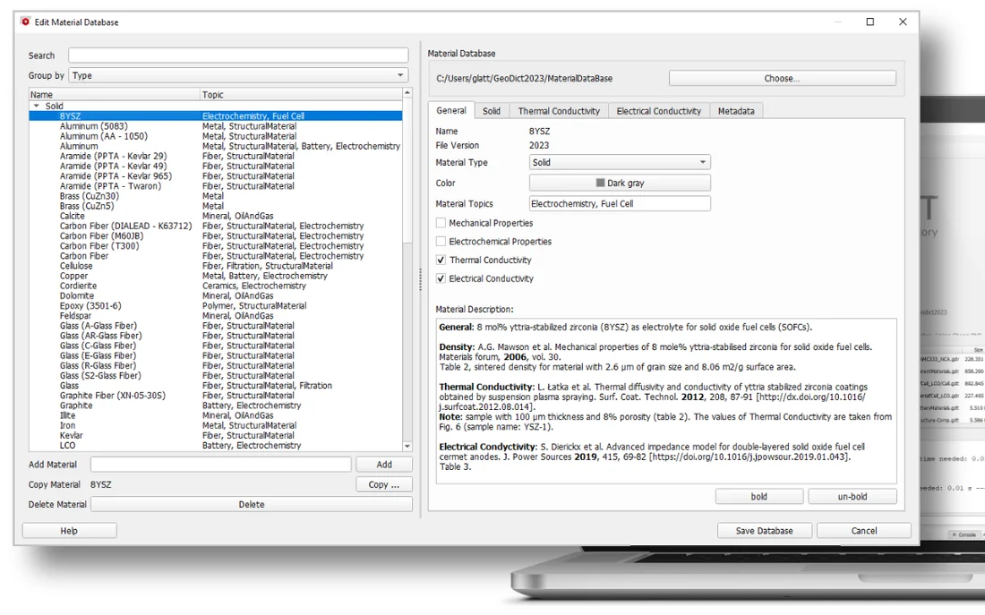Screen-shot of the material database dialog in GeoDict