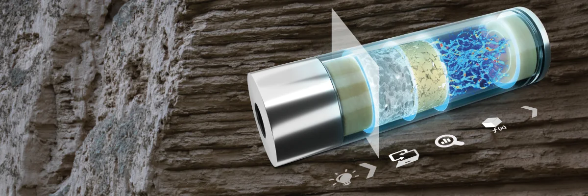 Digital rock physics workflow: A µCT sample holder visualizing the process from a real rock sample, through a digital scan, to the final CFD simulation