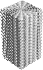Digital 3D model of a surface-based lattice structure (TPMS) in the shape of a Cylindrical Schwarz Diamond minimal surface, created with the GeoDict module GridGeo