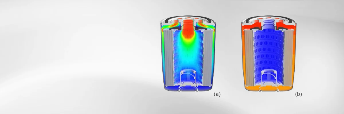 CFD simulation of a complete oil filter with GeoDict: The comparison shows the flow velocity (a) and the pressure distribution (b) within the filter