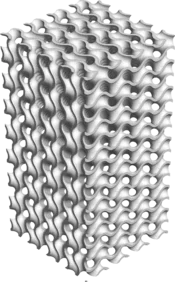 Digital 3D model of a square gyroid as a surface-based lattice structure (triply periodic minimal surface), created with the GeoDict module GridGeo
